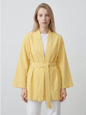 Saade Sarı Kadın Dikey Çizgili Geniş Kollu Şık Yazlık Relaxed Kimono