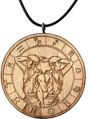 Tamgacrafts Ikizler Burç Ahşap Kolye Büyük Çaplı Rölyef Madalyon El Yapımı Ahşap Zodyak Astroloji