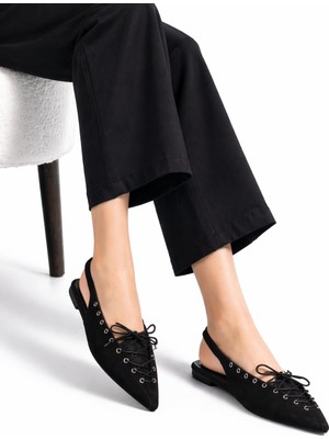 Dadwolf Kadın Süet Bağcıklı Slingback Babet Sivri Burun Arkası Açık Günlük Ayakkabı