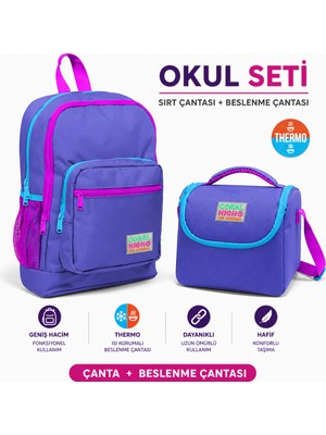 Coral High Dört Bölmeli Mor Desenli Okul Çantası 23703+ Thermo Beslenme Çantası 11703