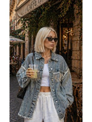İbeeka Taş Sarkıt Yıkama Detaylı Denim / Kot Ceket Yeni Sezon