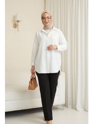Moda Morfo Oval Kesim Düğmeli Gömlek -Beyaz