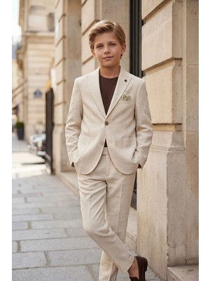 Butik Happy Kids Erkek Çocuk Krem Keten Krep Takım Elbise  Blazer Ceket Pantolon Pamuklu Tişörtlü Şık Kombin 8-14 Yaş