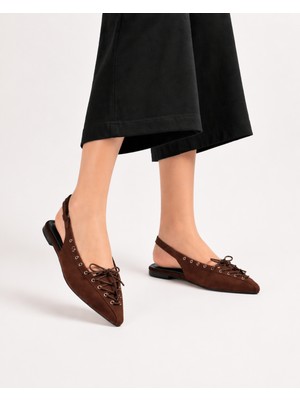 Dadwolf Kadın Süet Bağcıklı Slingback Babet Sivri Burun Arkası Açık Günlük Ayakkabı