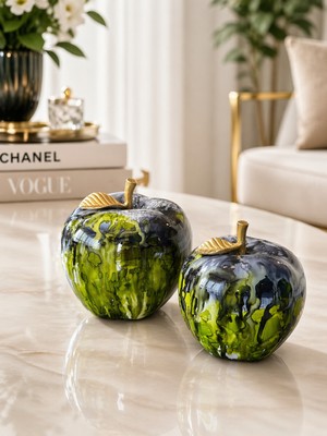 Mahur Premium Dekoratif Elma Biblo 2’li – Yeşil Desenli Gold Detay Ev Dekoru