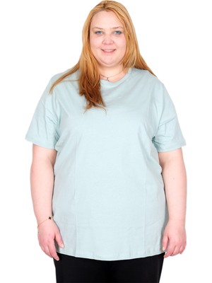ModeXL Mode Xl Gerçek Büyük Beden Kadın T-Shırt %100 Pamuk Penye 20031 Mint Yeşili