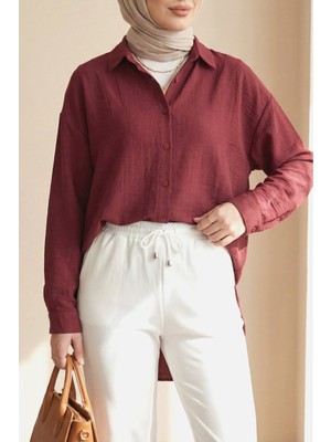 Moda Morfo Oval Kesim Düğmeli Gömlek -Bordo