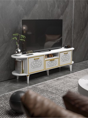 İşsevenler Tv Sehpası Mira Gold 5032 Beyaz 160 Cm 35 Cm 50 Cm