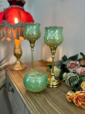 Betonique Stone Italyan Cam Yeşil Şamdan 3 Lü Set (Çatlatma Model)