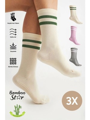 Bamboo Star Bambu Kadın Kaydırmaz Taban Silikon Baskı Yoga Fitness Pilates Bale Dans Kaymaz Tenis Çorabı 3'Lü