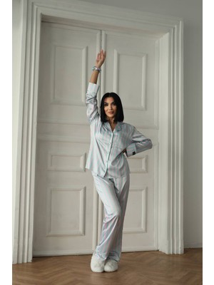 Velare Saten Şeritli Uzun Pijama Takım