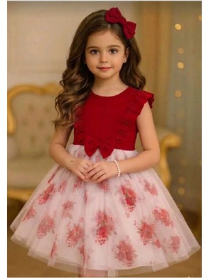 Retro Women Kız Çocuk Çiçekli Kısa Kol Kırmızı Tütü Kutlama Mezuniyet Doğum Günü Abiye Prenses Şık Elbise
