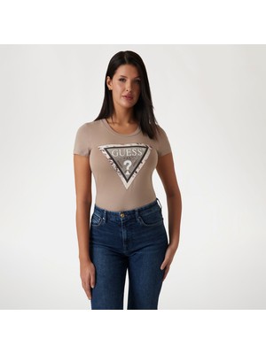Guess Cn Cheeta Logo Mid Organicetch 180 Kadın Bej T-Shirt