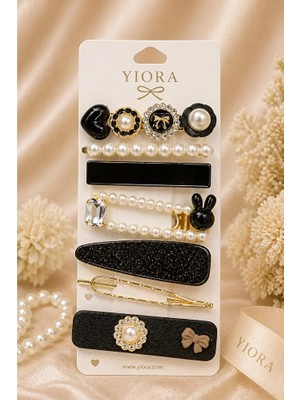 Yiora 7 Li Premium Siyah Taşlı Sim Detaylı Incili Lüx Ithal Yan Toka Klipsli