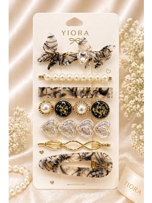Yiora 7 Li Premium Kaplumbağa Desen Siyah-Beyaz Simli Taşlı Inci Detaylı Gold Lüx Ithal Yan Toka Klipsli