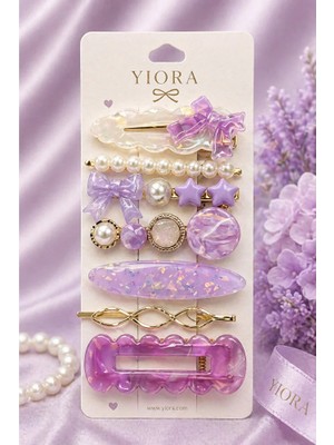 Yiora 7 Li Premium Mor Yaldızlı ve Sedefli Inci Detaylı Gold Lüx Ithal Yan Toka Klipsli