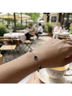 Satürn Silver Kuyumculuk Kararmaz Mini Yonca Gümüş Renk Beyaz Taşlı Bileklik Modeli Unisex