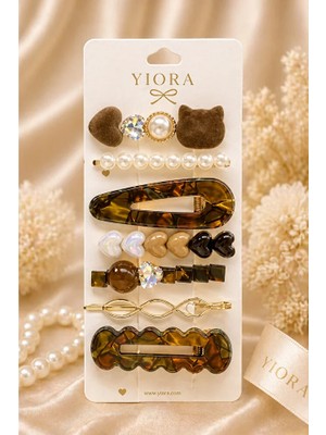 Yiora 7 Li Premium Kahverengi Taşlı Yanar Döner Renkli Inci Detaylı Ithal Yan Toka Klipsli