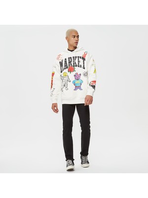 Market Varsity Hand-Drawn Erkek Krem Hoodie