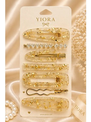 Yiora 7 Li Premium Şeffaf-Krem Gold Yaldızlı ve Sedefli Kristal Detaylı Gold Lüx Ithal Yan Toka Klipsli
