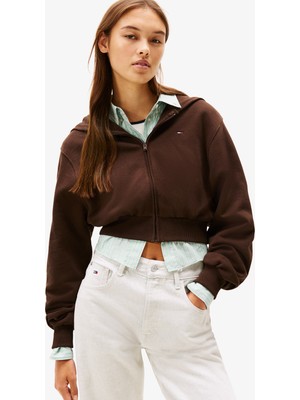 Tommy Hilfiger Tommy Jeans Relax Crop S-Flag Kadın Kahverengi Fermuarlı Hoodie