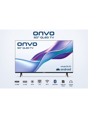 Onvo 50" QLED 4K Ultra Hd Android Tv | Dahili Uydu Alıcılı | Wi-Fi & Bluetooth | 127 Ekran