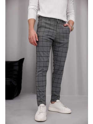 Modamesto Erkek Füme Slim Fit Ekoseli Likralı Yan Cep Bilek Boy Kumaş Pantolon