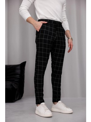 Modamesto Erkek Siyah Slim Fit Ekoseli Likralı Yan Cep Bilek Boy Kumaş Pantolon