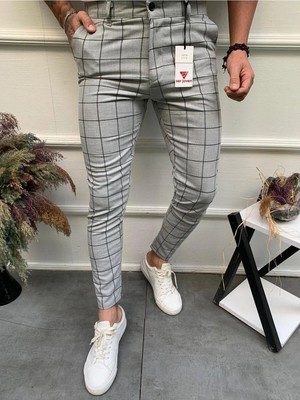 Modamesto Erkek Açık Gri Slim Fit Ekoseli Likralı Yan Cep Bilek Boy Kumaş Pantolon