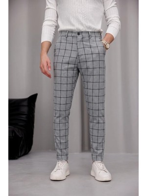 Modamesto Erkek Açık Gri Slim Fit Ekoseli Likralı Yan Cep Bilek Boy Kumaş Pantolon