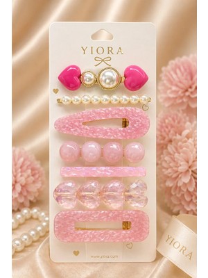 Yiora 7 Li Premium Pembe Taşlı Sedefli Inci Detaylı Gold Lüx Ithal Yan Toka Klipsli