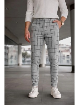 Modamesto Erkek Açık Gri Slim Fit Ekoseli Likralı Yan Cep Bilek Boy Kumaş Pantolon