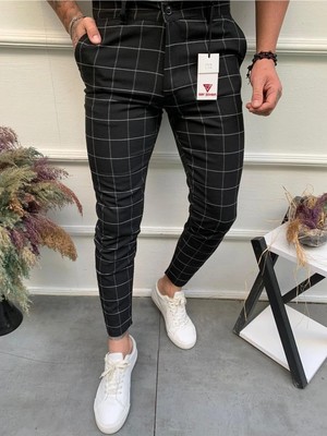 Ser Joven Erkek Siyah Slim Fit Ekoseli Likralı Yan Cep Bilek Boy Kumaş Pantolon