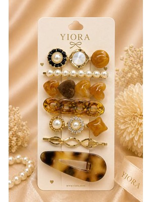 Yiora 7 Li Premium Kahverengi Yaldızlı ve Taşlı Inci Detaylı Gold Lüx Ithal Yan Toka Klipsli