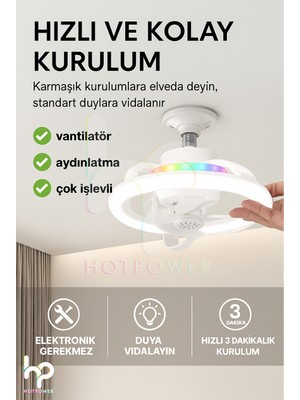 Hot Power 360° Dönebilen E27 Tavan Vantilatörü Ampul LED Işık Uzaktan Kumandalı Rgb Renkli Kısılabilir Vantila