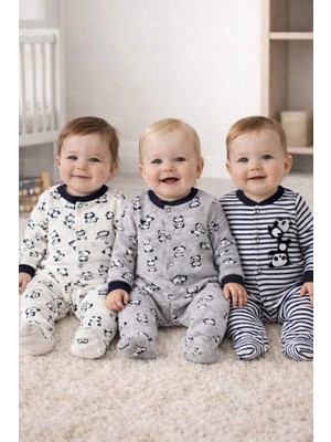 Mai Perla Unisex 3'lü Pamuklu Panda Desenli Hastane Çıkışı Tulum Seti 0-3 Ay