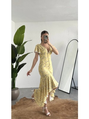 Asfa Moda Kadın Sarı Çiçek Desenli Volanlı Midi Elbise – V Yaka, Bağlama Detaylı, Asimetrik Kesim, Yazlık & Davet Elbisesi