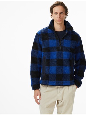 Tommy Hilfiger Teddy Fleece Check Pull Over Erkek Mavi Sweatshirt