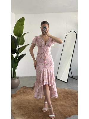 Asfa Moda Kadın Pembe Çiçek Desenli Volanlı Midi Elbise – V Yaka, Bağlama Detaylı, Asimetrik Kesim, Yazlık & Davet Elbisesi