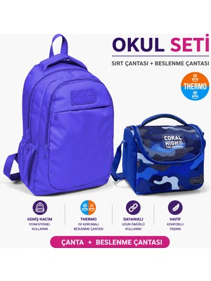 Coral High Lavanta Üç Bölmeli Okul Sırt Çantası 14402+ Kamuflaj Desenli Thermo Beslenme Çantası 22789