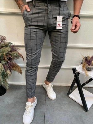 Ser Joven Erkek Füme Slim Fit Ekoseli Likralı Yan Cep Bilek Boy Kumaş Pantolon