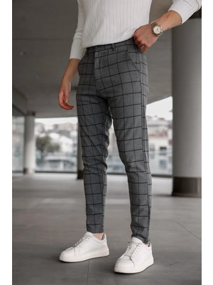 Ser Joven Erkek Füme Slim Fit Ekoseli Likralı Yan Cep Bilek Boy Kumaş Pantolon