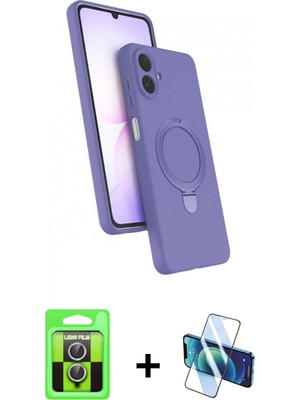 Marsilyan™- Galaxy A07 4g Kılıf Iz Işık Koleksiyonu - Siyah 3D Antistatik Cam Ekran Koruyucu + Gümüş Raze Metal Kamera Lens