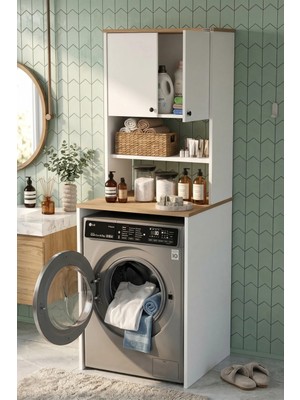 Yurudesign Nord Çamaşır Makinesi Dolabı 2 Kapaklı Raflı Sepet-Beyaz ND11-SW