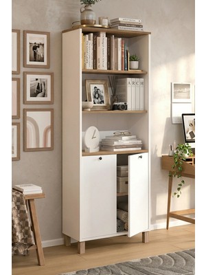Yurudesign Nord Kitaplık Raf Ahşap Ayaklı 180CM Kapaklı Sepet-Beyaz ND13-SW
