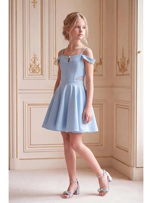 Butik Happy Kids Kız Çocuk Bebe Mavi Abiye Elbise Kısa Krep Elbise Omuz Detaylı Şık Abiye Elbise 10-15 Yaş