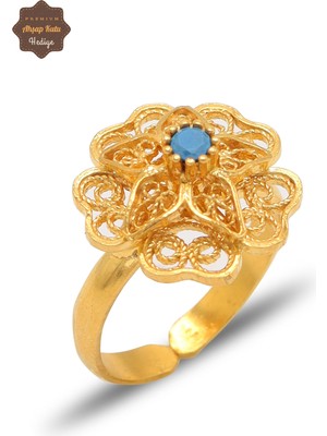 Midyat Nurtaş Gümüş Firuze Taşlı Gül Model Gold Kaplama 925 Ayar Gümüş Telkari Kadın Yüzük 201025483