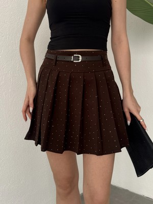 Asfa Moda Kadın Kahverengi Taşlı Pırıltılı Astarlı Şortlu Kemerli Pileli Yazlık Mini Etek