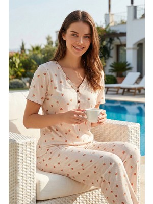 Remsa Kadın Şeftali Desenli Pamuklu Kısa Kol Pointelle Kumaş Pijama Takımı 70755-3192 Ekru