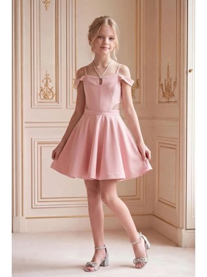 Butik Happy Kids Kız Çocuk Pudra Abiye Elbise Kısa Krep Elbise Omuz Detaylı Şık Abiye Elbise 10-15 Yaş